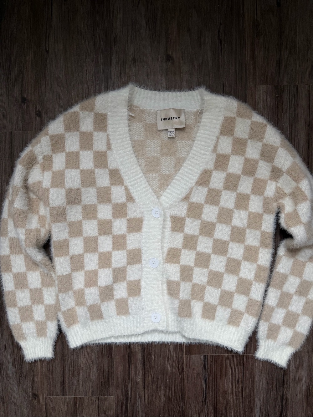 Checkerboard V-Neck Fuzzy Cardigan in White & Beige